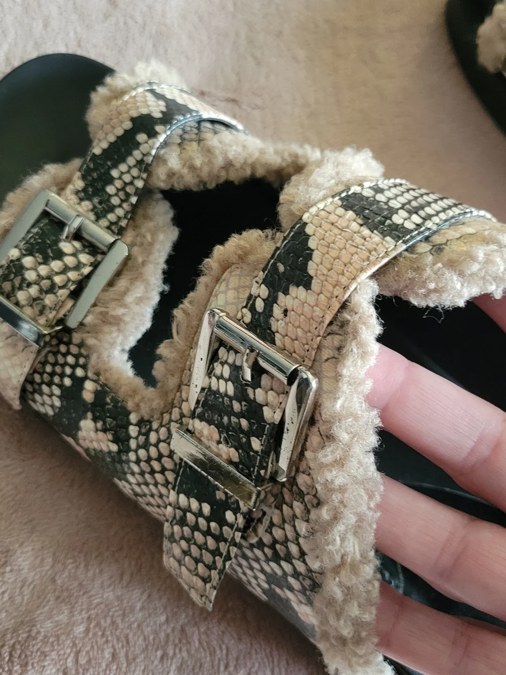 Aerosoles Faux-Snakeskin Shearling Slide Sandals - Beige/Black, Womens Size 11